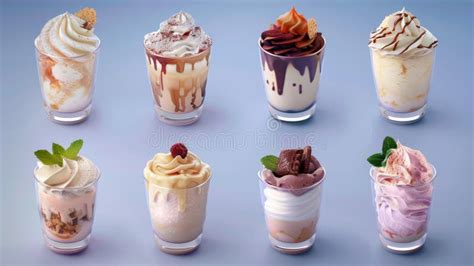 Ilustración de varios postres en copas de diferentes colores y texturas.