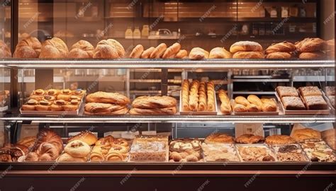 Foto de vitrina de panadería francesa con vinnoiseries y tartas