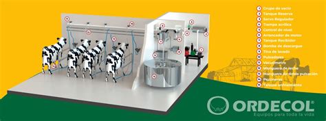Esquema de un sistema de ordeño mecánico y enfriamiento de leche.
