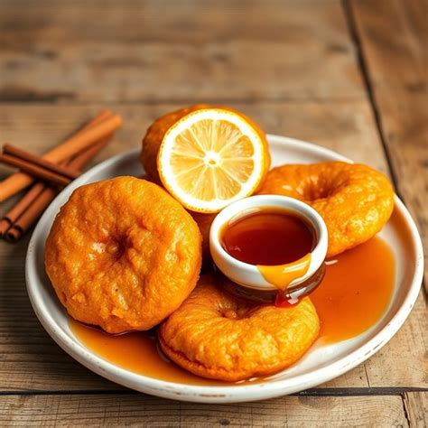 Fotografía de picarones servidos con miel de chancaca en un entorno tradicional.