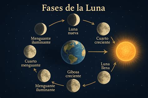 Esquema que ilustra las fases de la luna y los tipos de eclipses (solar y lunar).
