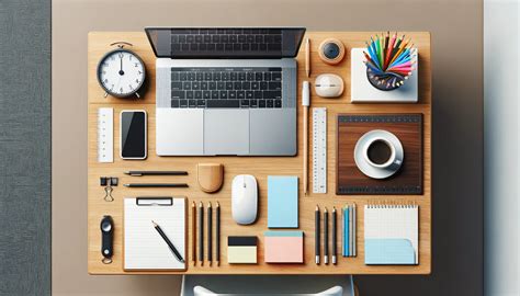 Vista aérea de una mesa de trabajo organizada para decorar galletas, con todos los utensilios y materiales a la vista.