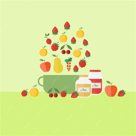 Ilustración de frutas variadas y tarros de mermelada casera.
