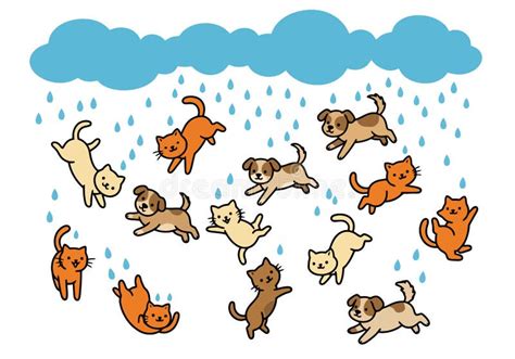 Ilustración humorística de gatos y perros cayendo del cielo junto con gotas de lluvia.