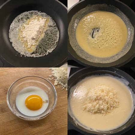 primer plano de ingredientes para salsa mornay: mantequilla, harina, leche, queso rallado, yema de huevo