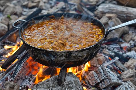 Antiguos pastores húngaros cocinando goulash en una olla sobre fuego abierto