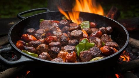 Sartén con panceta, verduras y carne de ternera cocinándose.