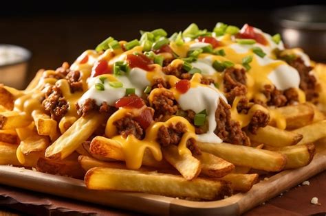Fotografía de papas fritas cargadas con queso cheddar, carne picada y cebollín (estilo papas supremas)