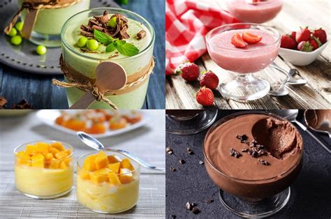 Mosaico de imágenes de diferentes tipos de mousse: una de chocolate, una de frutas y una de vegetales salada.
