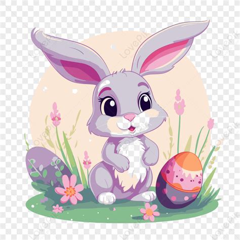 Ilustración de un conejo de Pascua sonriente rodeado de flores primaverales.