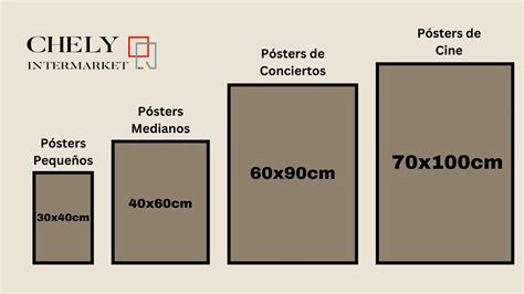 Esquema visual de los tamaños de pósteres estándar en centímetros y sus usos comunes.