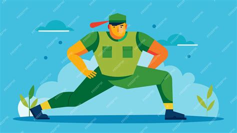 Ilustración de un soldado realizando ejercicios físicos en un entorno militar.