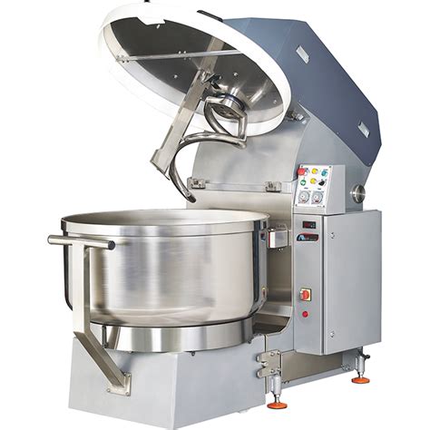 Esquema técnico de una amasadora industrial con sistema de espiral y bowl de acero inoxidable