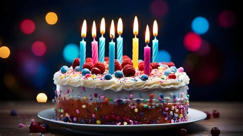 Una torta de cumpleaños festiva y colorida con velas.