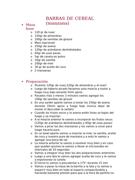 Esquema de los pasos para preparar barras de cereal con horneado.