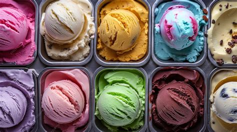 Variedad de helados de diferentes sabores en conos y tarrinas