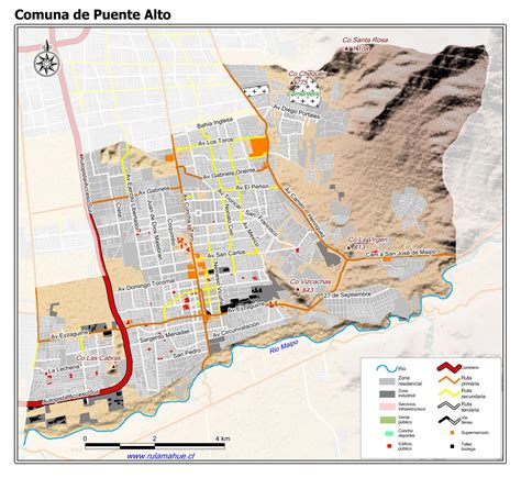 Plano de Puente Alto con marcadores de restaurantes destacados