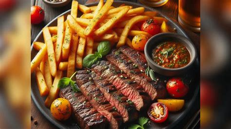 Tabla con varios acompañamientos para churrasco, como papas fritas y ensalada