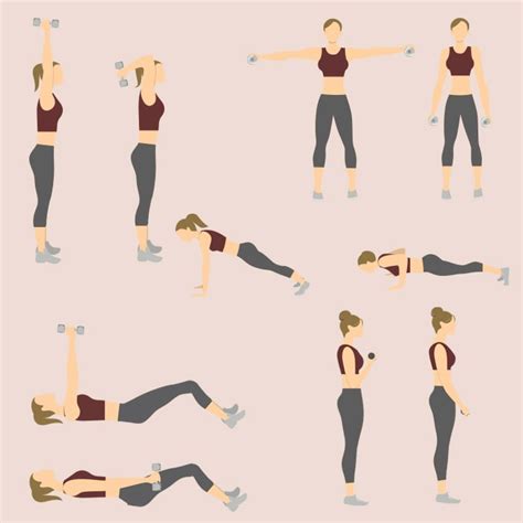 infografía con rutina de ejercicios de fuerza para brazos (flexiones, fondos y curl de bíceps)