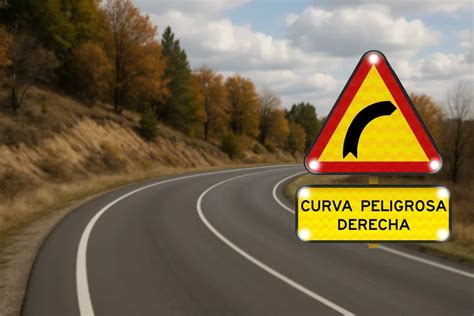 Curva peligrosa en carretera de montaña con señalización de precaución