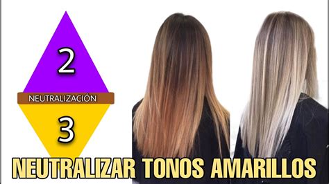Esquema sobre la neutralización de tonos amarillos mediante pigmentos violetas en cabellos rubios y blancos.