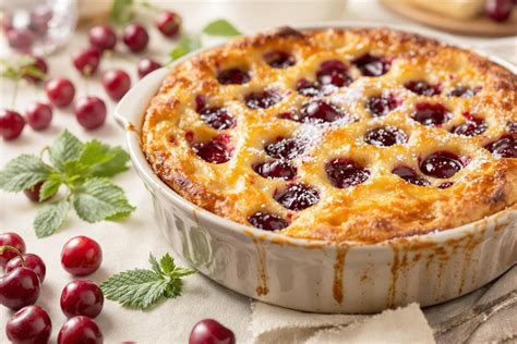 Imagen de un clafoutis de arándanos recién horneado en un molde redondo con un toque de azúcar glas