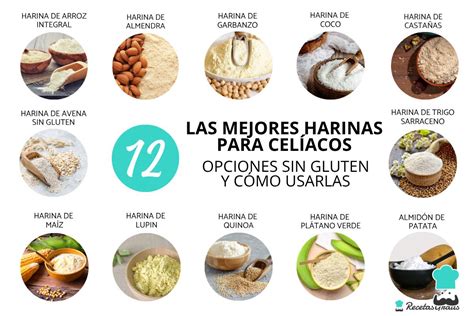 Collage de diferentes harinas sin gluten como arroz, almendra, coco y maíz.