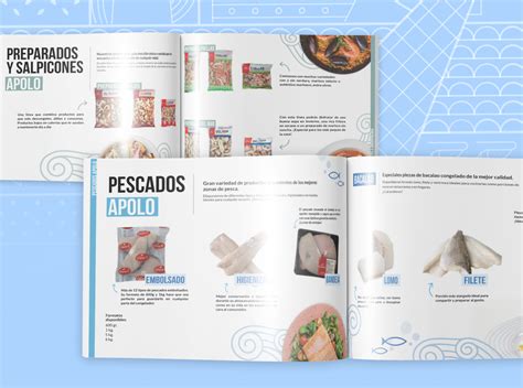 Imagen de un catálogo de productos de mariscos congelados de Krustagroup con distintas gamas y formatos.