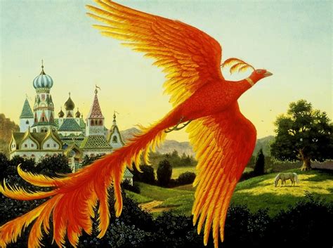 Óleo en lienzo de Iván Bilibin: El pájaro de fuego (Жар-птица). El zarévich Iván atrapa al pájaro de fuego cuando éste intenta robar las manzanas doradas.