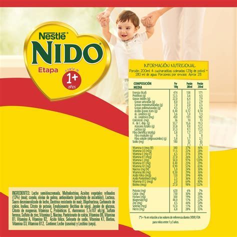 Tabla nutricional simplificada de NIDO Entera con énfasis en Vitamina D, Hierro, Zinc, Calcio y Proteína.