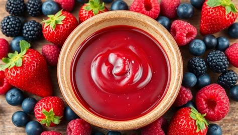 Fotografía detallada de un coulis de fresas con una textura brillante y aterciopelada servido en una jarra pequeña.