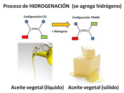 Esquema del proceso de hidrogenación: aceite de soja líquido transformado en cera sólida mediante la adición de hidrógeno.