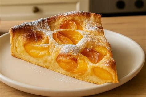 kuchen de duraznos y frambuesas con crema pastelera dorada
