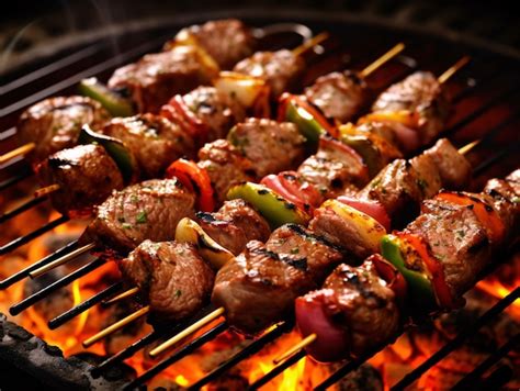 Brochetas de carne de vacuno en la parrilla con vegetales