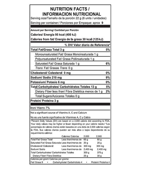 Tabla nutricional de un snack sin gluten