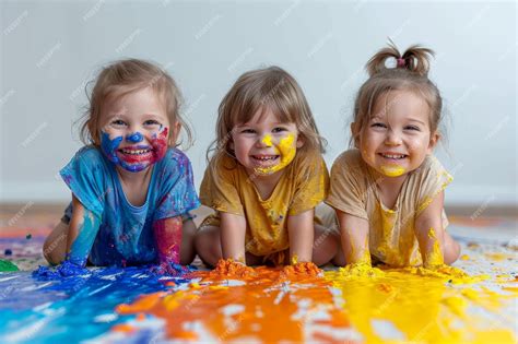 foto de niños pequeños manchados de pintura comestible, sonriendo y divirtiéndose