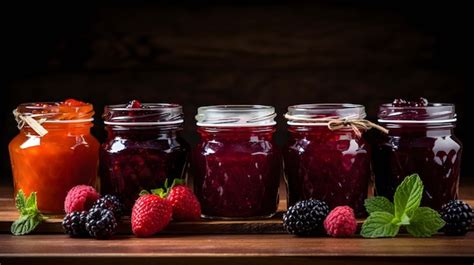 Fotografía de alta calidad mostrando frascos de mermeladas artesanales con etiquetas y frutas frescas variadas alrededor.