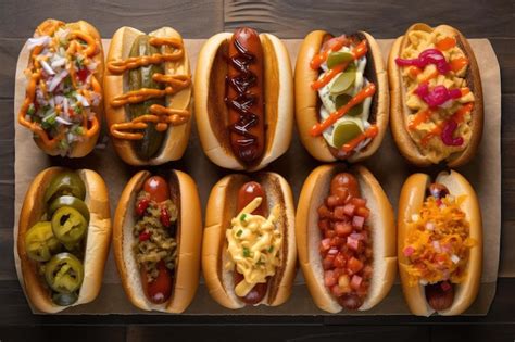 Variedad de hot dogs o vienesas con diferentes toppings