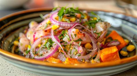 Plato de ceviche chileno fresco servido en un recipiente decorado con lechuga, choclo y camote.