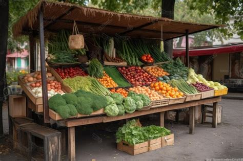 Foto de un puesto de frutas y verduras limpio y bien organizado con un dependiente sonriendo