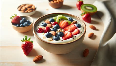 Yogur helado con frutas frescas y toppings en un tazón