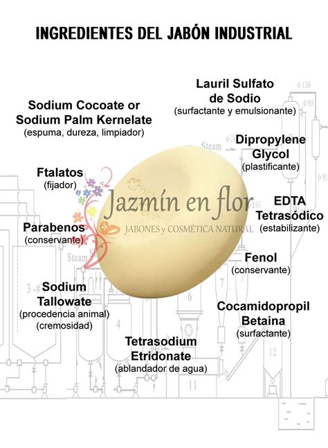 Infografía detallando los ingredientes naturales del jabón: coco, arroz, leche de cabra y girasol