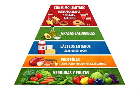 Gráfico de la pirámide nutricional moderna, destacando la posición del arroz y otros carbohidratos complejos.