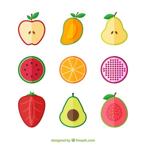 Infografía con diferentes frutas y verduras cortadas por la mitad, listas para estampar.