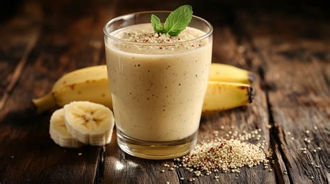 Imagen de un batido cremoso de pera servido en un vaso con semillas de chía