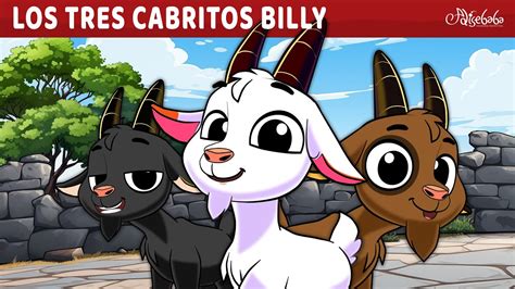 Ilustración de tres cabritos subiendo una colina y un puente sobre un río.