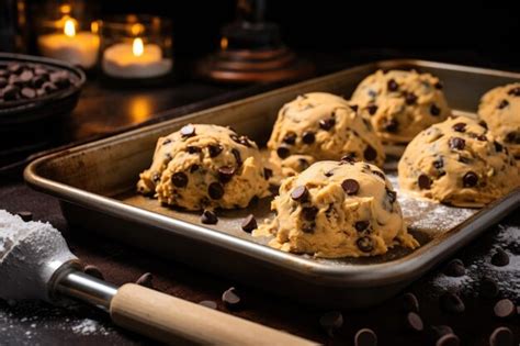 Bolitas de masa para galletas dispuestas en una bandeja para hornear
