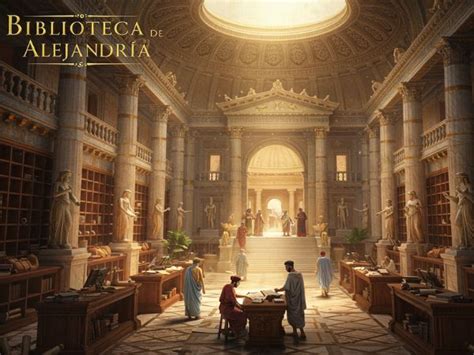 Ilustración artística que representa a un poeta helenístico en la Biblioteca de Alejandría rodeado de manuscritos