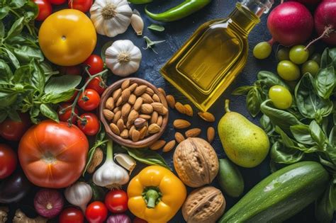 Cesta con diversos ingredientes mediterráneos frescos: verduras, frutas, legumbres, aceite de oliva