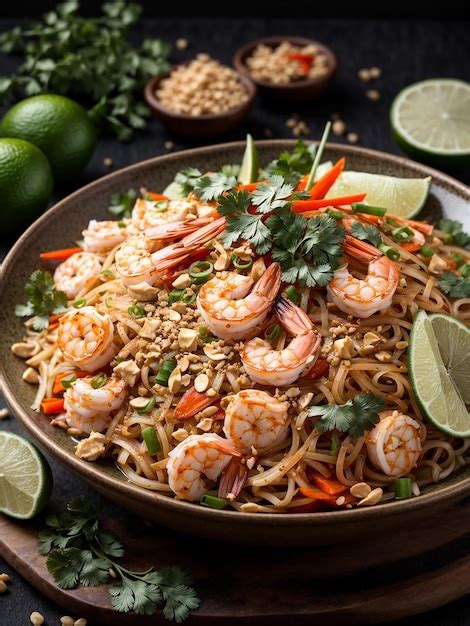 Plato de Pad Thai de camarón finalizado, decorado con maní, cilantro y lima